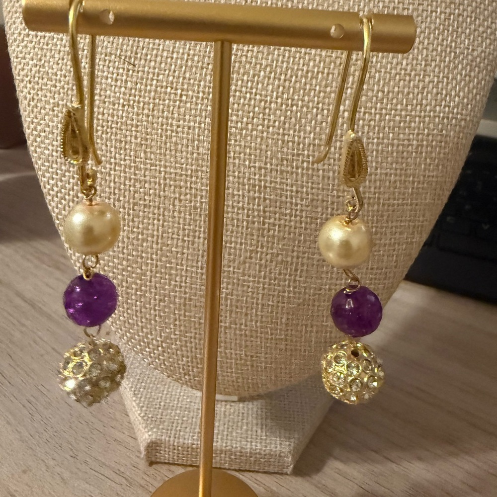 Elegant Gold and Purple‎ Dangle Earrings